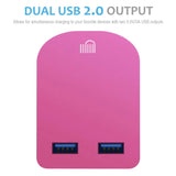 Universal Folding Dual USB Mains Plug Adapter 3.1A  FAST CHARGE PLUG Hot pink colour