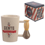 Shaving Brush Shapped Handle Ceramic Mug with Barber Shop Decal side view and box
