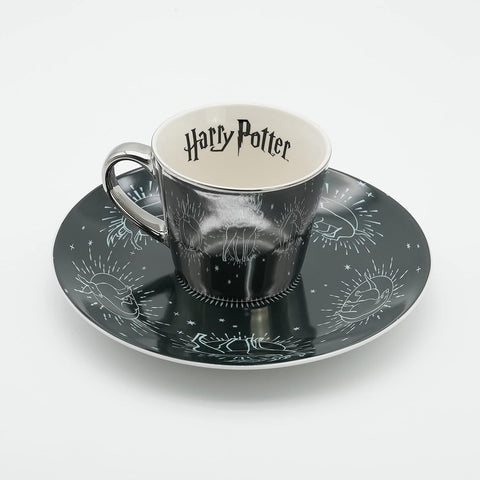 Harry Potter-themed cup and saucer set on a white background