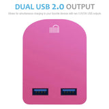 Universal Folding Dual USB Mains Plug Adapter 3.1A  FAST CHARGE PLUG Hot pink colour