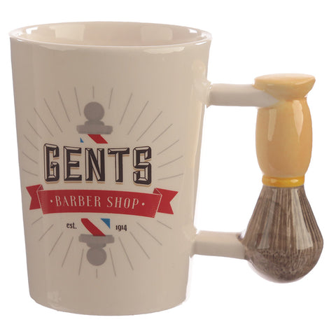 Shaving Brush Shapped Handle Ceramic Mug with Barber Shop Decal side view